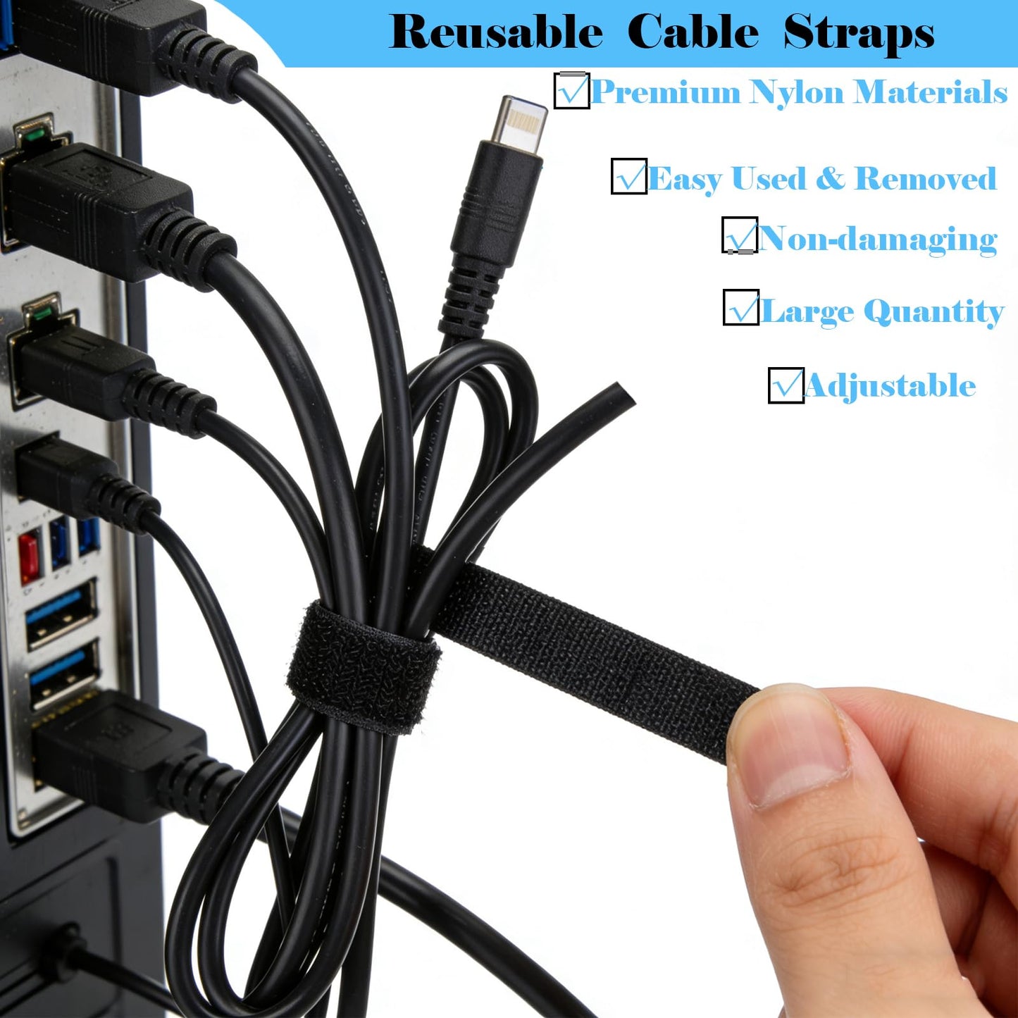 NIOPELO 100PCS Hook and Loop Straps - 6 Inch Reusable Cable Ties for Cable Management, Adjustable Cord Organizer Hook & Loop Straps for Home, Office and Data Centers, Black