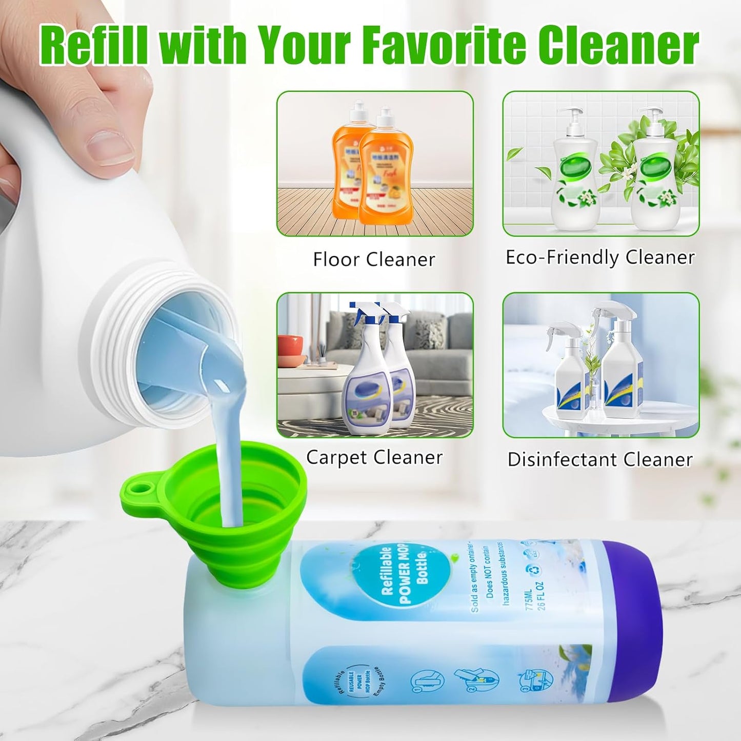 Power Mop Refillable Bottle - 26 FL OZ Leak-Proof HDPE Solution Container with 5 Silicone Gaskets & Funnel