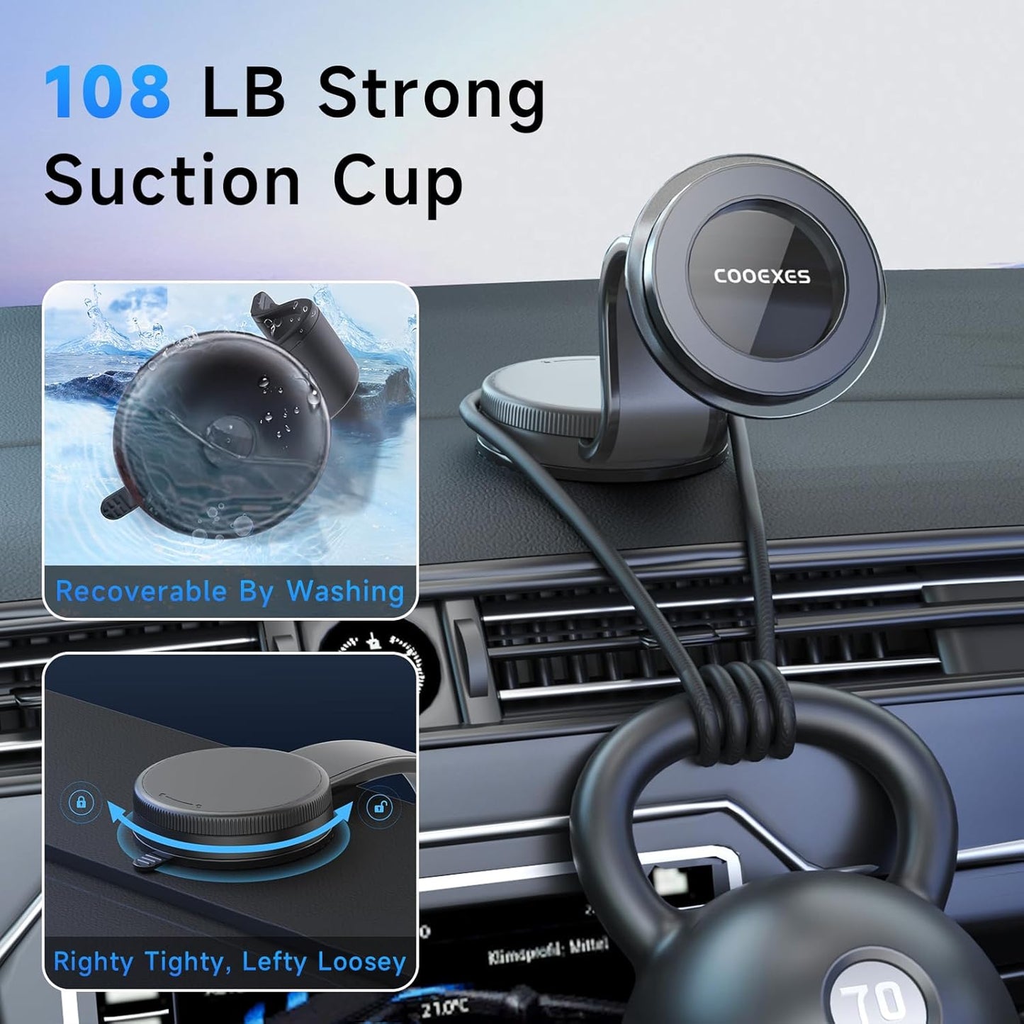 COOEXES -108LBS, 17 Max/16/15/14/13/12 Magnetic Phone Holder for Car, for Magsafe Car Mount with Flexible Grip Bendable