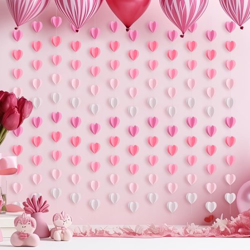 Epakh 12 Pcs Valentines 3D Heart Garland Banners 57ft Hanging Paper Heart Streamers Valentines Wall Decorations Party Decor Supplies for Galentines Wedding Classroom Birthday(Gradient Pink)