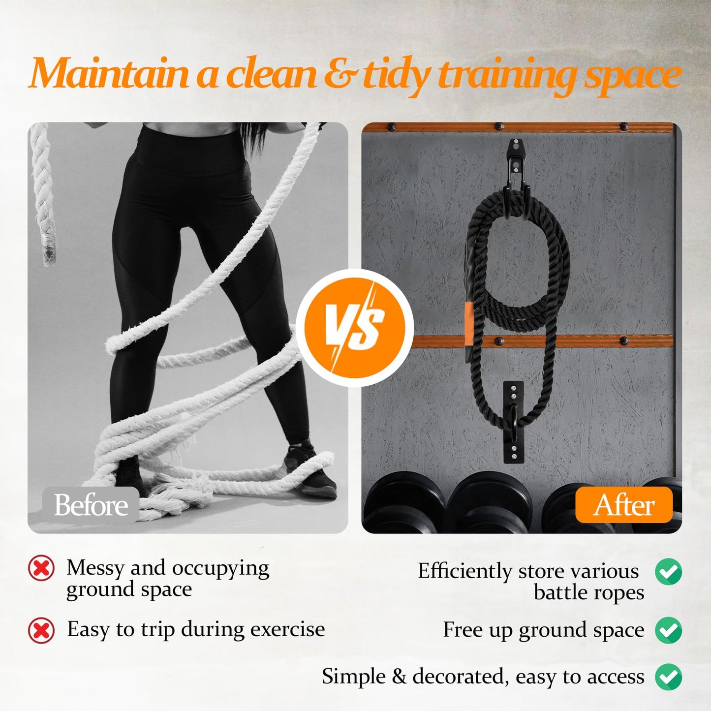 Mibcocny Battle Rope Anchor Kit Wall Mount, Set With Workout Wall Anchor And Rope Hook For 5-30 Feet, 1-1.5" Battle Ropes For Home Gym, Battle Rope Wall Mount Holder, Heavy Duty Gym Storage Rack