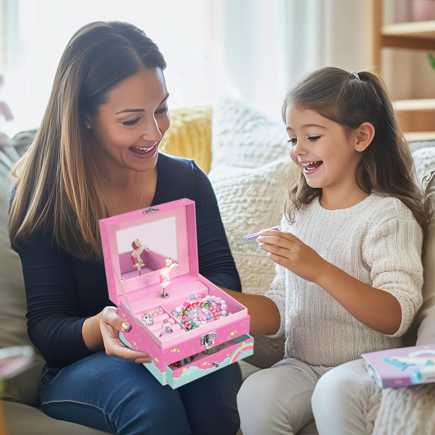 JOEKIKIMD Magical Unicorn Jewelry Box for Girls - Spinning Unicorn with Jewelry Drawer - Kids Music Box 6-12 Birthday Easter Christmas Gift, 5.9 x 5.1 x 3.5 Inches