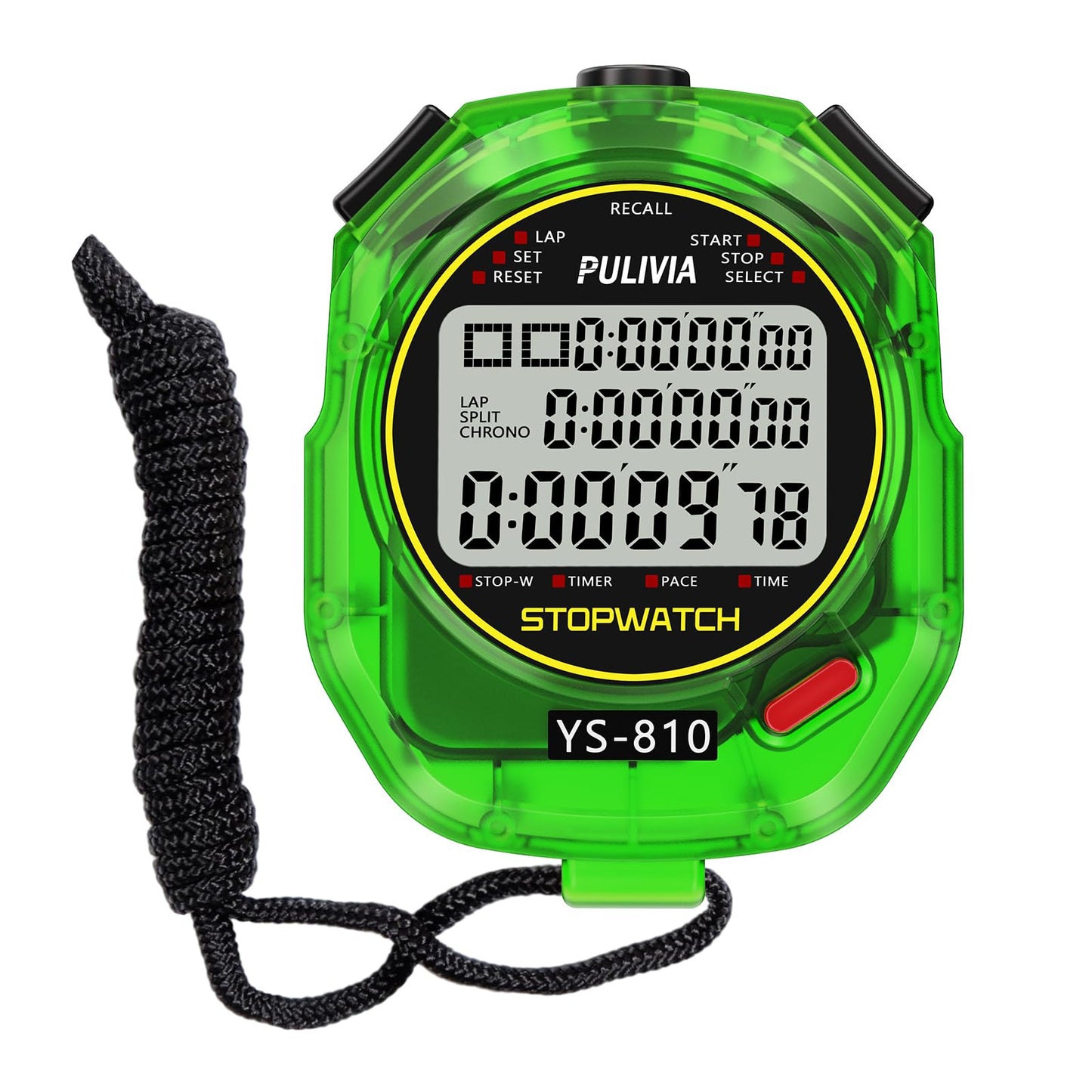 PULIVIA Stopwatch Timer 10 Splits/Laps Digital Stop Watch for Sports, Countdown Alarm Clock Date Memory Recall Large Display, Stopwatch for Coaches PE-Teacher Referee, Green