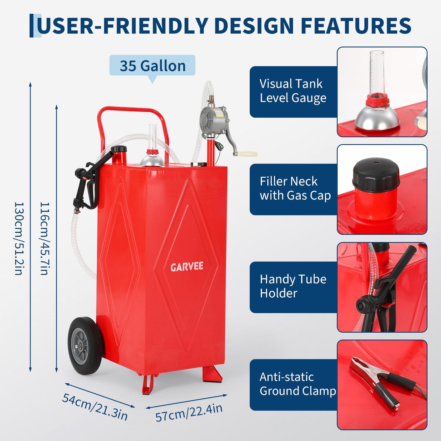 35 Gallon Fuel Gas Caddy Storage Tank, Portable Gas Caddy with Wheels, Manual Rotary Transfer Pump, Fuel Hose, Wide Fill Opening, Vent and Level Gauge, Mobile Gasoline Diesel Transfer Tank for ATV, Mower, Tractor, Car, Boat