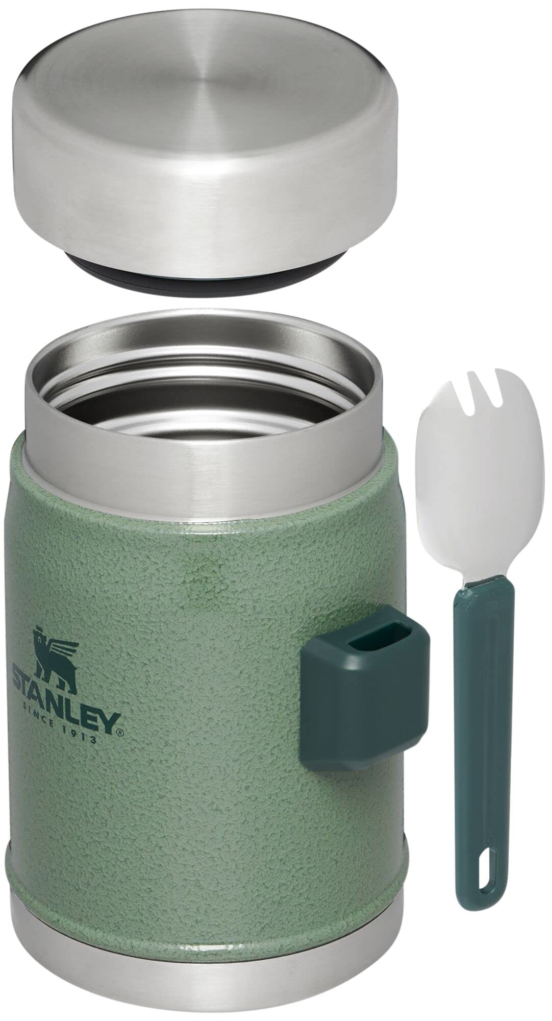STANLEY Classic Food Jar and Spork 14 oz | Vacuum Insulated Food Container | Wide Mouth Screw On Lid | Packable for Travel | Stainless Steel with Leakproof Lid | BPA-Free | Hammertone Green