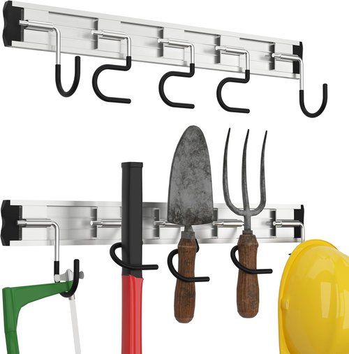 HUPBIPY Garden Tool Organizer - 34.5'' Aluminum Alloy Wall Mount Storage with Hooks for Shovel, Rake & Broom