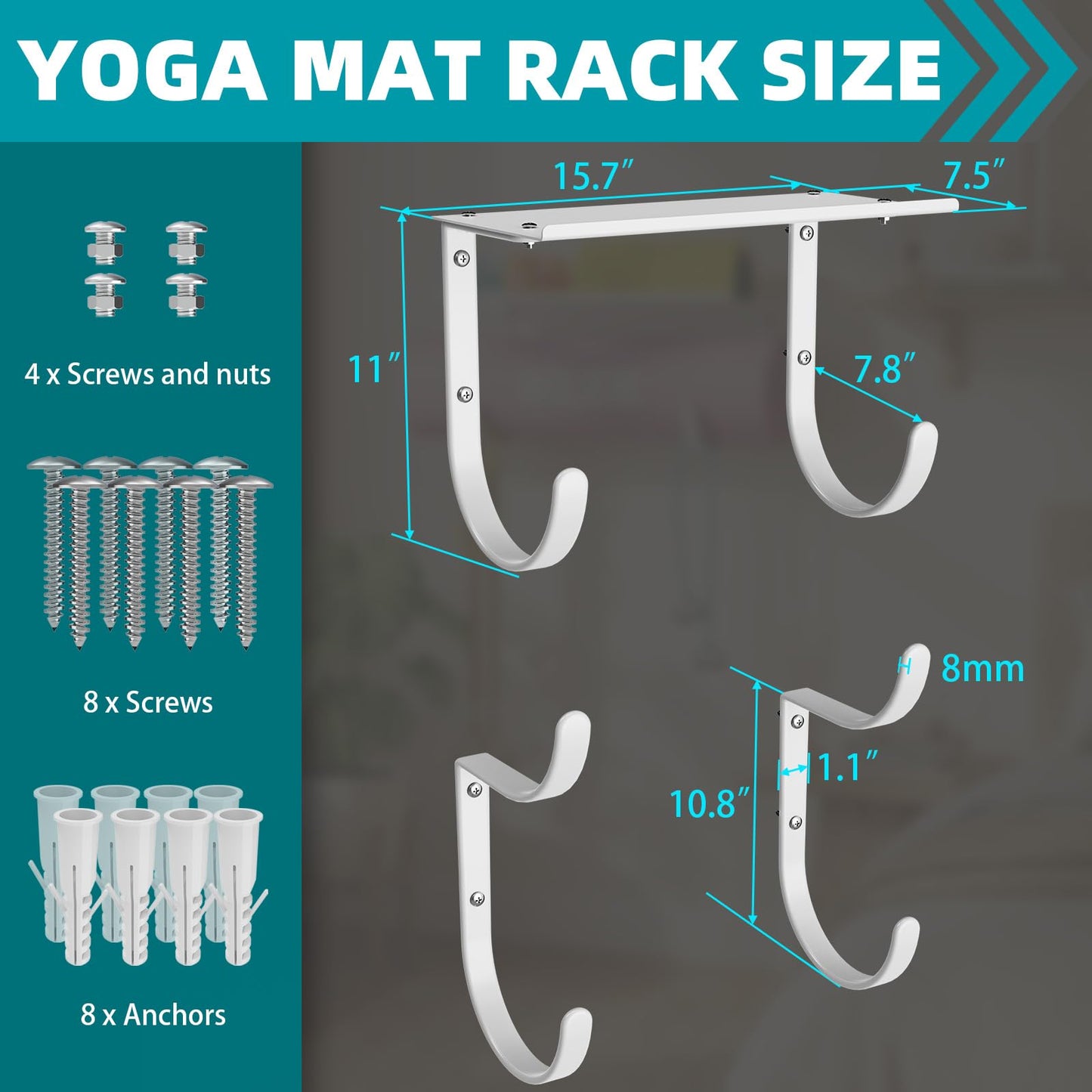 KOMOHOM Yoga Mat Holder Wall Mount, No-Tie Pilates Mat Storage Rack with Top Floating Shelf, 4-Tiers Holding Yoga Blocks/Rollers and Exercise Mat, Workout Mat, Home Gym Equipment Accessories
