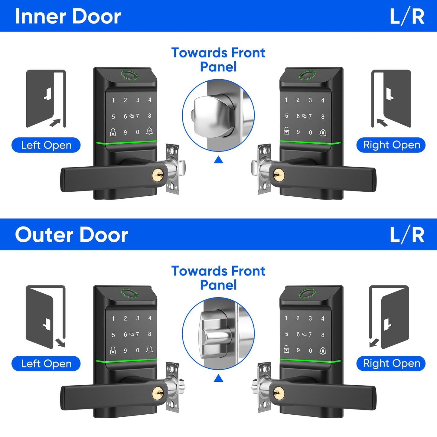 Keypad Smart Door Lock with Handle, Keyless Entry Deadbolt for Front Door, Smart Auto Lock Deadbolt with Phone/Watch App Control, Biometric Fingerprint Gate Handle with 7 Ways to Unlock