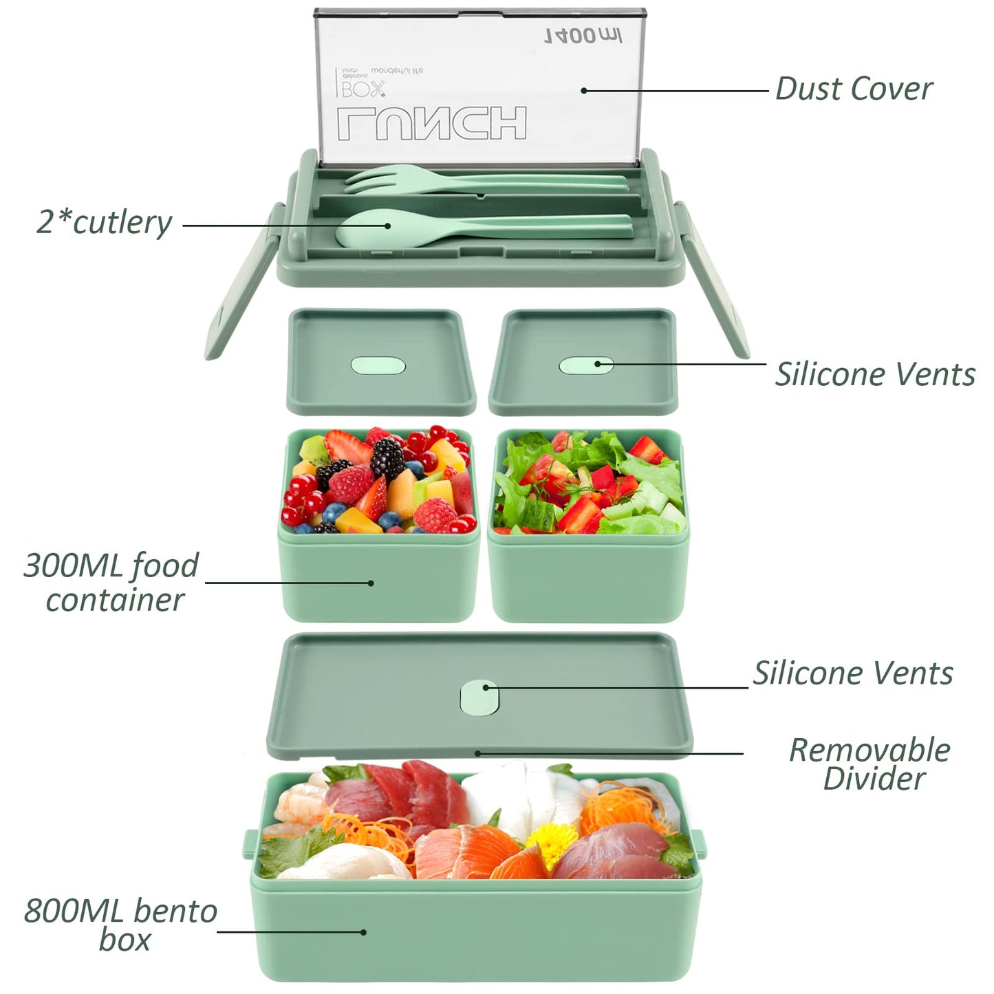 CHZZMS 2 Pack Bento Box Adult Lunch Box,49OZ Leakproof Eco-Friendly Stackable Bento Lunch Box Meal Prep for Dining Out, Work, Picnic, School (green+pink)