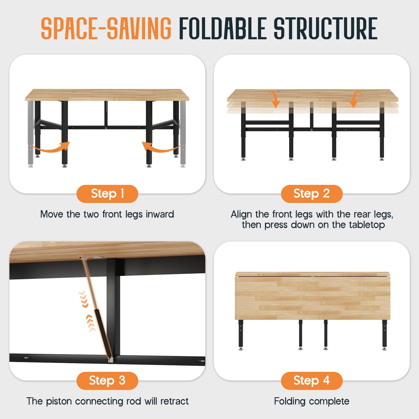 SPECRAFT Folding Workbench, Adjustable Foldable Workbench, 34.7"-40" Height Adjustable, Rubber Wood Top for Garage, Workshop, Office