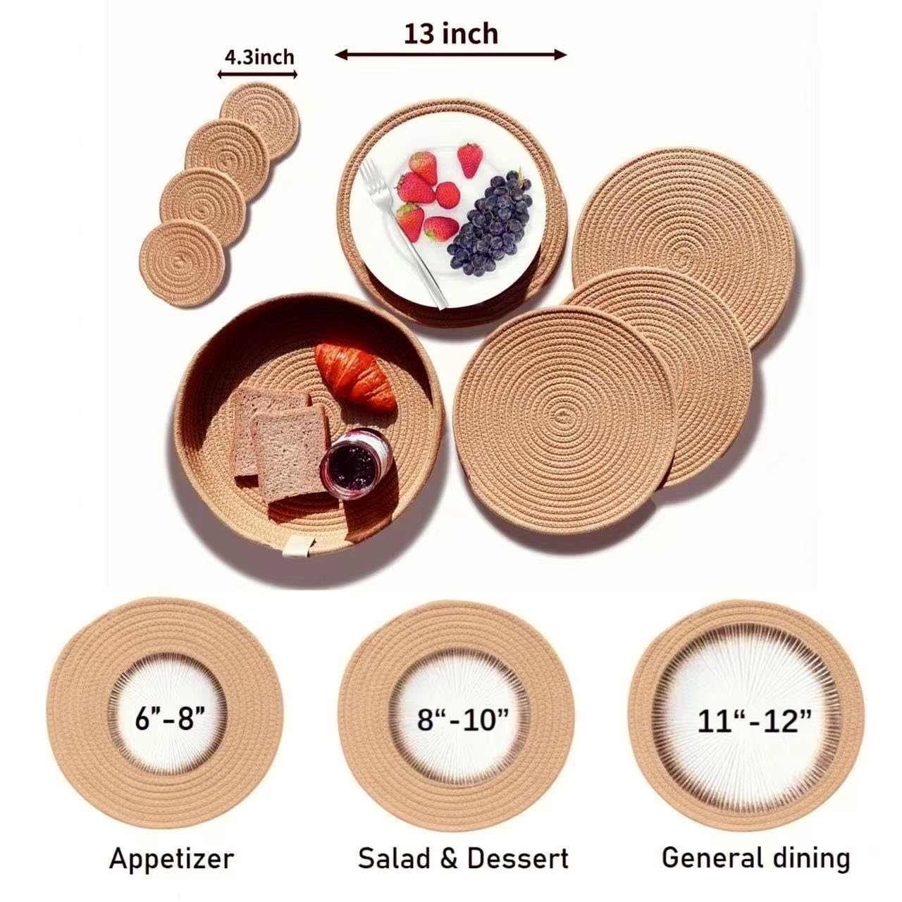 Art PineCone's Woven Cotton Rope Round Placemats Set of 4 with Holder Included, Non-Slip, and Heat Resistant Shabby Chic Placemats (Caramel, 13 inch Plus Coaster)