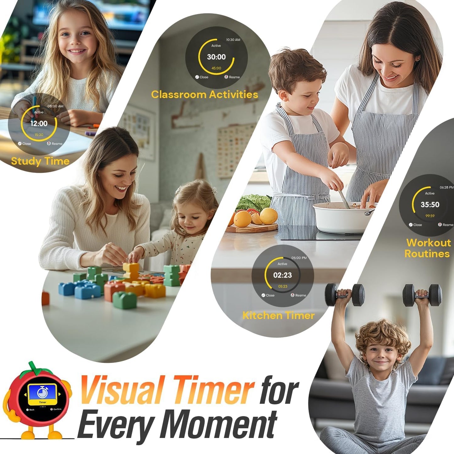2.8" 4 MOMILLA Kids Alarm Clock for Bedrooms, Visual Timer with LCD Display Alarms, Digital Clock with White Noice