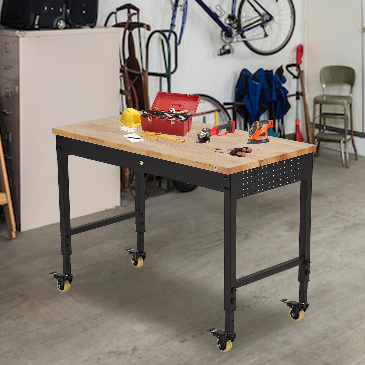 48"x24"x1.2" Heavy Duty Adjustable Workbench with Rubber Wood Top, 9 ft Power Strip, 2000 LBS Load, Lockable Wheels, ETL Certified, Black Garage & Workshop Table