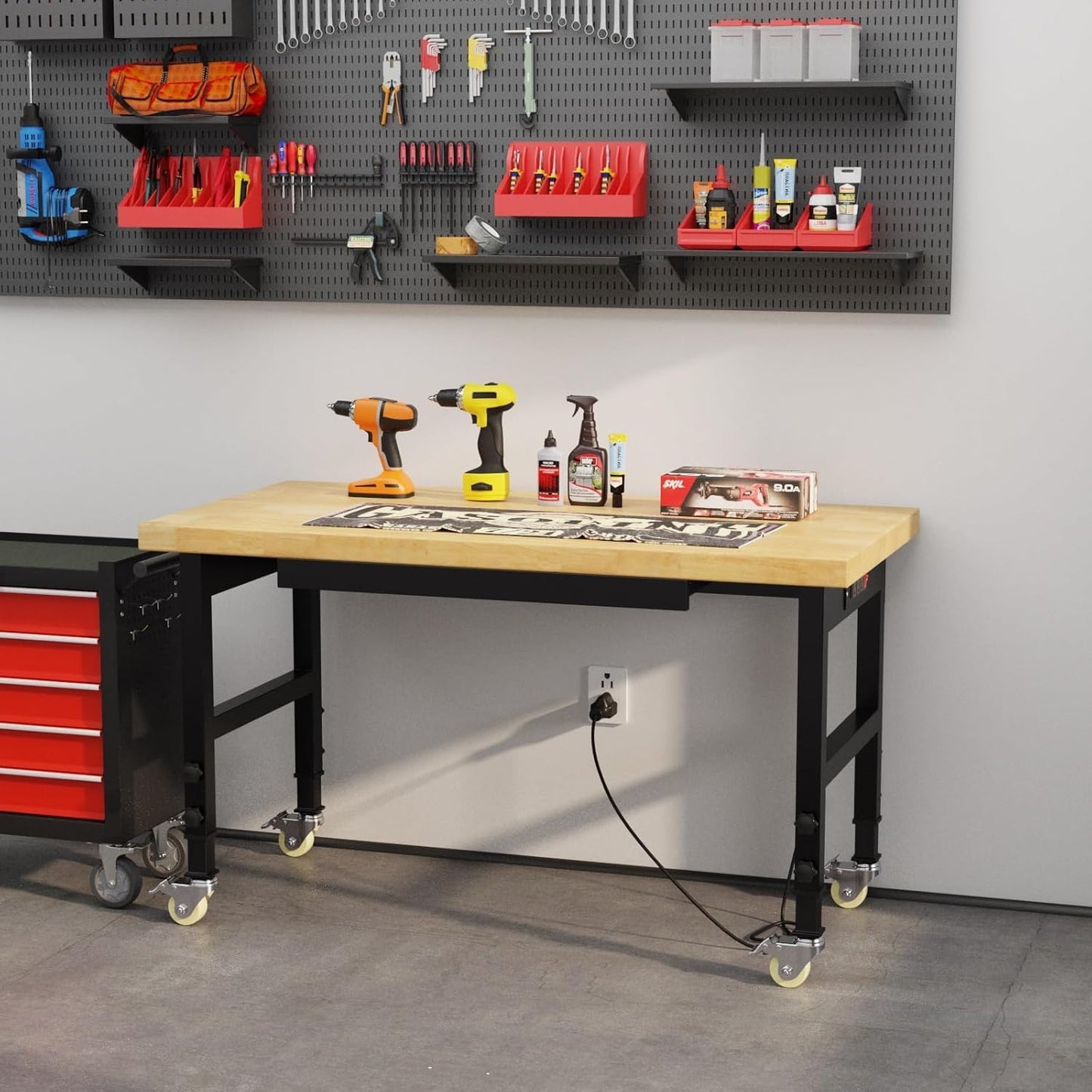 Pelnuies 48" Heavy-Duty Solid Wood Work Bench with Drawers, Adjustable Height Workbench with Wheels, 2000 LBS Capacity Work Table with Power Outlets for Garage, Workshop(48" X 24")