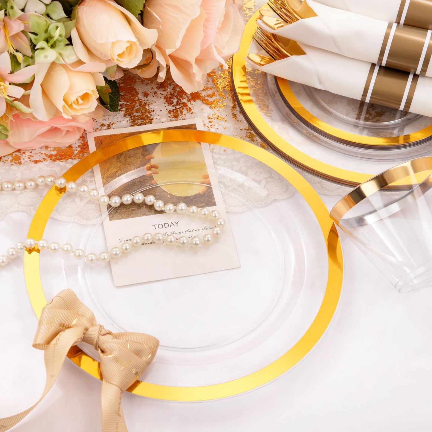 Liacere 350PCS Clear Gold Plastic Plates for 50 Guests Dinnerware Include 100 disposable Plates 150 Gold Silverware 50Napkins for Party & Wedding