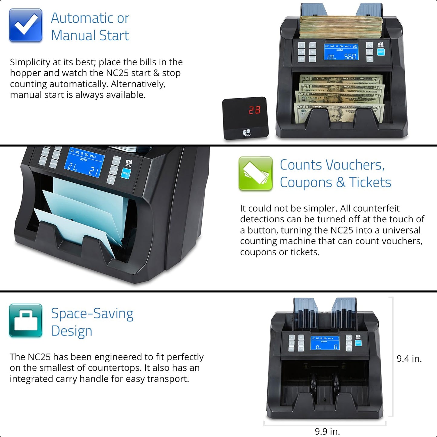 ZZap Bill Value Counter & Counterfeit Detector - Money Cash Currency Machine (NC25)