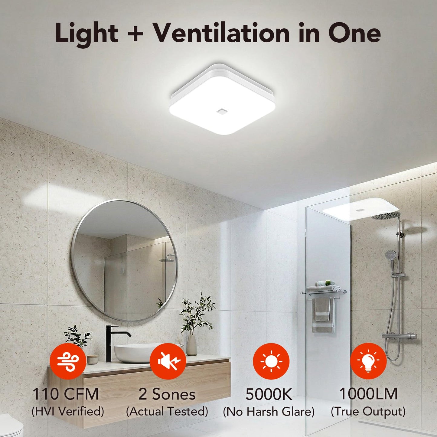 OREiN 2-in-1 Bathroom Exhaust Fan with Light, 110 CFM Shower Vent Fan, Quiet 1.5 Sones DC Motor, 1000LM Bright LED, 5000K, ENERGY STAR, HVI/FCC/ETL, Easy Retrofit Installation (Cut-Out 7.36" x 7.68")