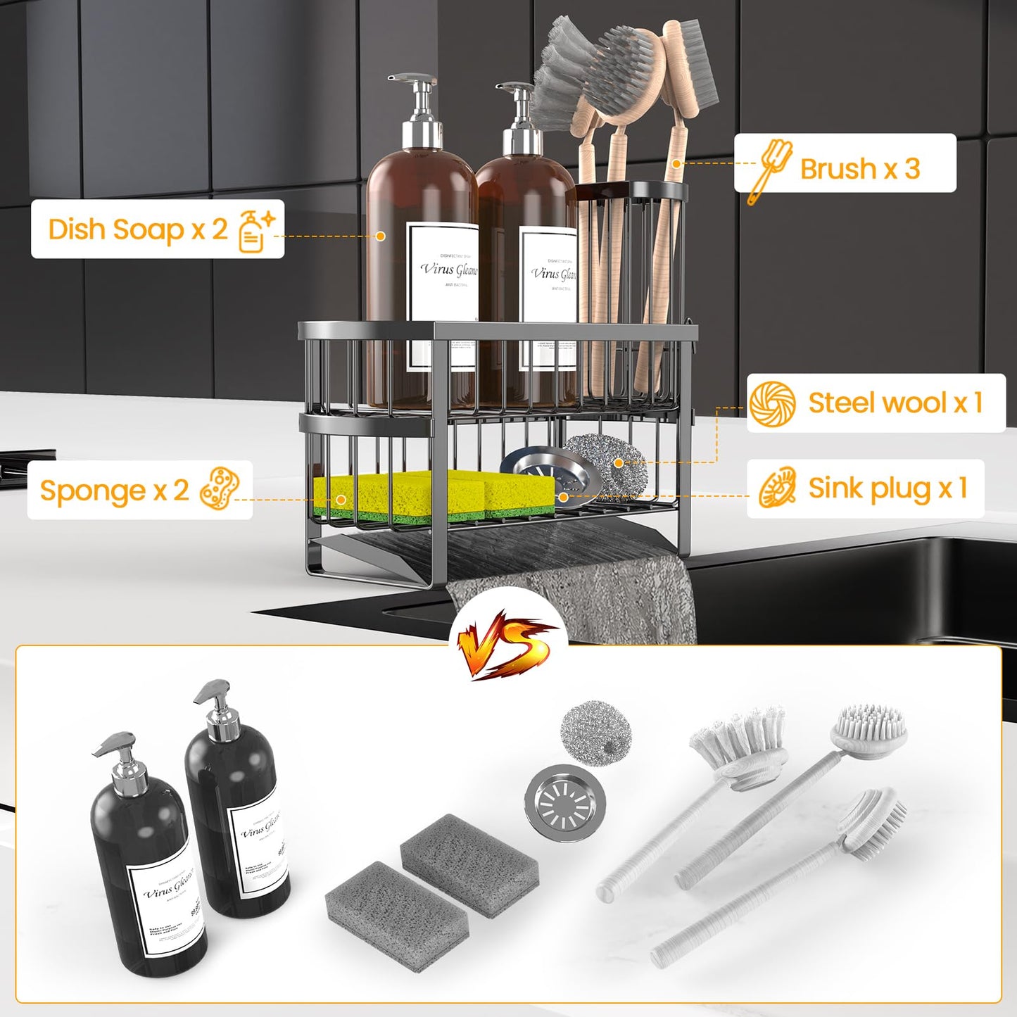 UEFFNR Kitchen Sink Organizer Caddy, 2 Tier Sink Caddy Organizer with High Brush Holder, Rust-Proof Countertop Rack (Black 10.6 * 4.3 * 5.7") for Kitchen Accessories & Dish Brushes