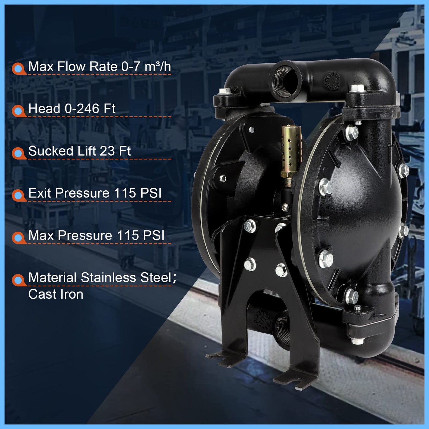 Dollate Air Operated Double Diaphragm Pump QBY4-25L 1 inch Outlet 35 GPM Pneumatic Transfer Max 120 PSI Industrial Use Chemical Waste Oil Dual Dissepiment Nitrile Fluorine Rubber by Cast Iron
