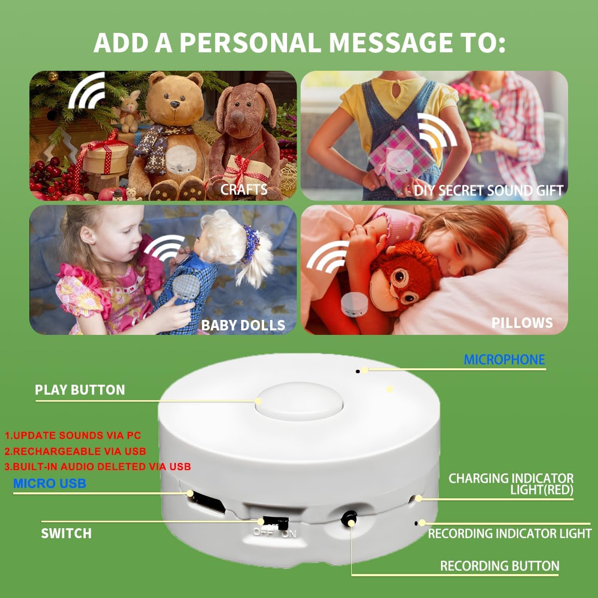 XLW Recorder,16Min Pillow.16MB (2P Voice Voice Recording Button for Stuffed Animals, Bear,Crafts Record Custom Messages
