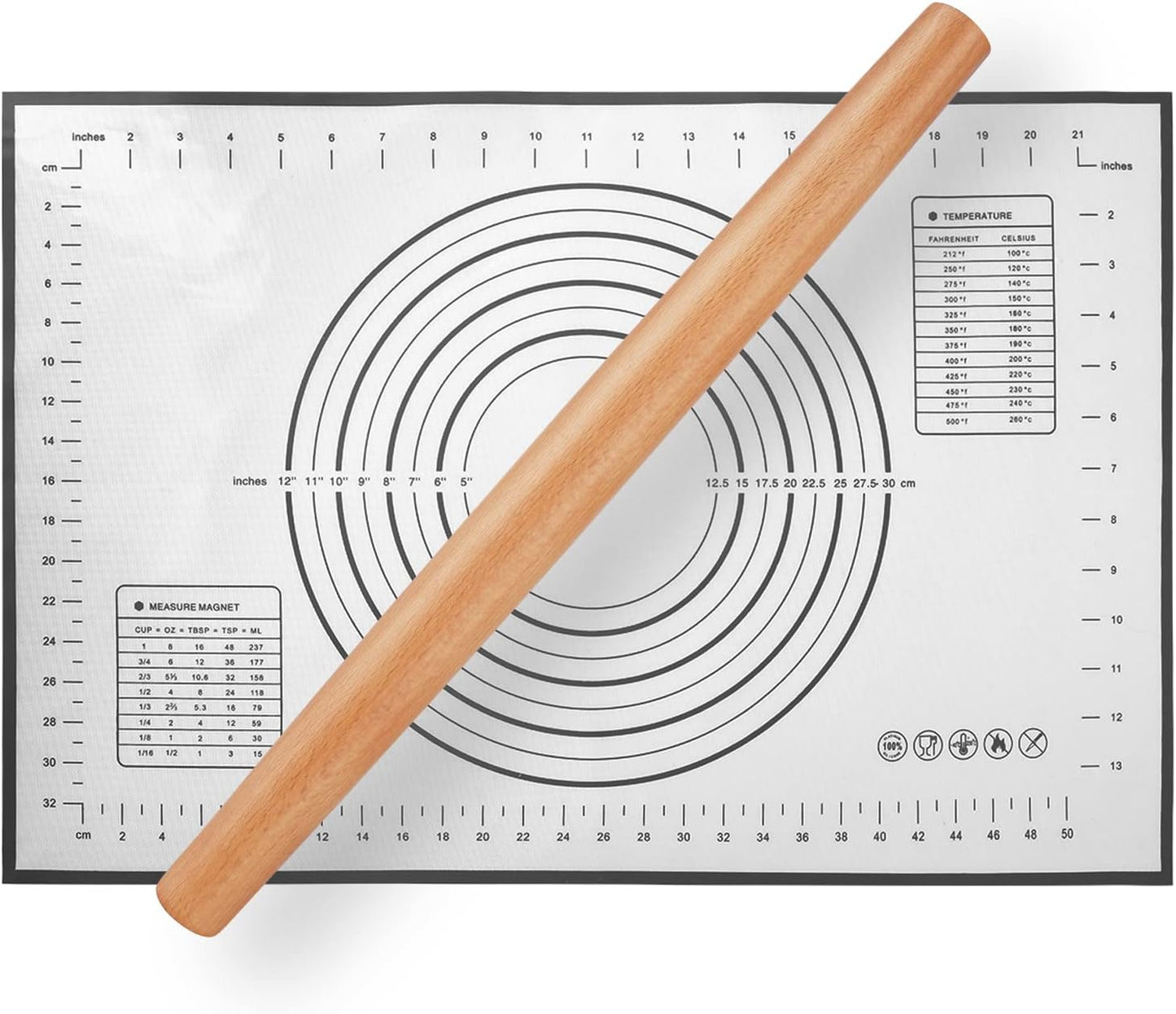 QUELLANCE Wood Rolling Pin - Beech Wood Dough Roller with Silicone Baking Mat | Perfect for Pizza, Pastries & Cookies