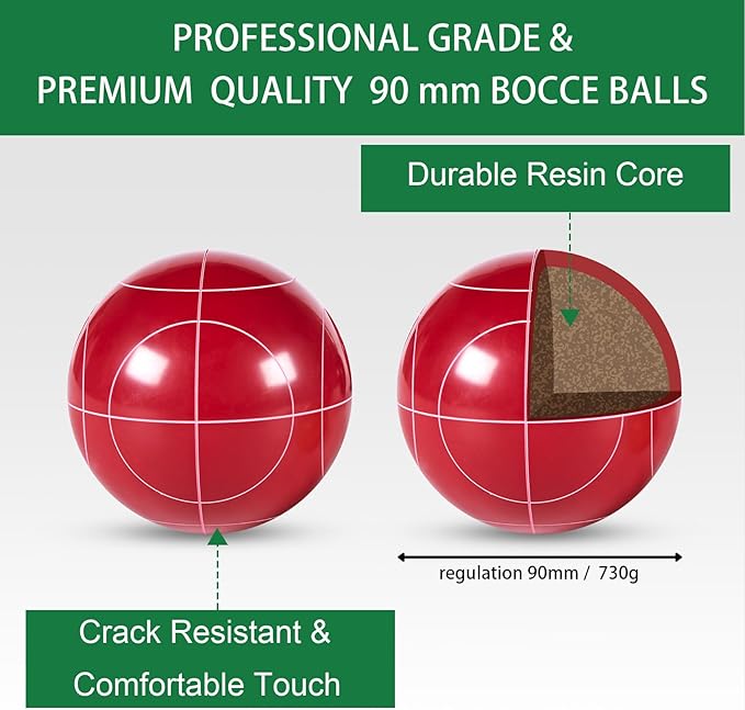 Pointyard Bocce Ball Set, 90mm Resin Bocce Ball Set with 8 Resin Bocce Balls/1 Pallino/Nylon Zippered Bag/Measuring Tape - Outdoor Lawn Games for Adults Family Kids/Yard/Beach Game