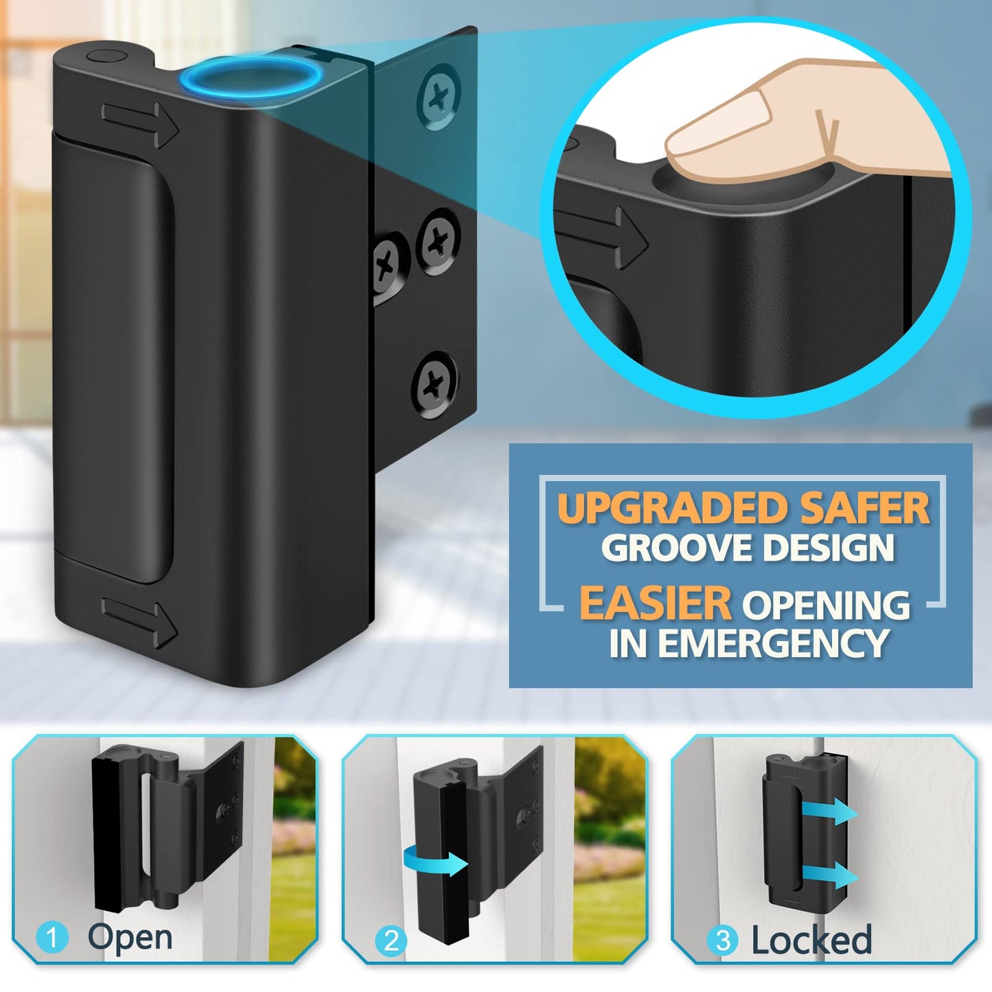 Home Security Door Lock Reinforcement - Child Proof High Security Door Locks with 3" Stop Withstand 800 lbs for Inward Swinging Front Door, Night Kids Safety Metal Flip Deadbolt Latch Defend Home