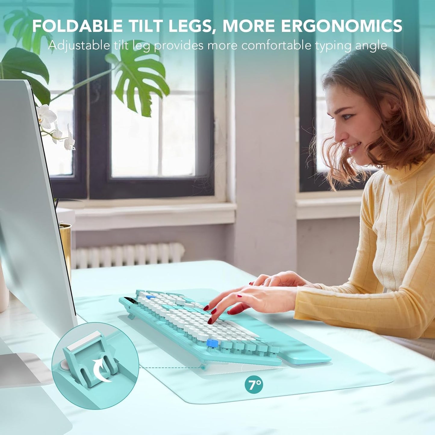 SABLUTE 2.4GHz Wireless Keyboard, Round Keycaps, Retro Typewriter Keyboard with Detachable Wrist Rest, Sleep Mode