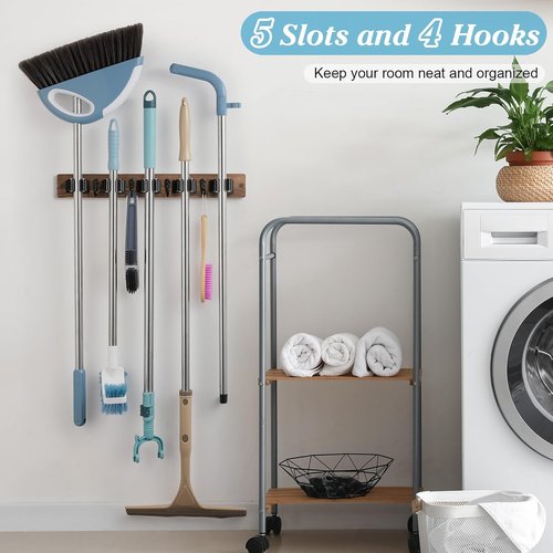 Brown Broom Holder Wall Mount - Heavy-Duty Wood Mop & Broom Organizer with 5 Slots & 4 Hooks | Rustic Tool Hanger for Laundry, Kitchen & Garage Storage