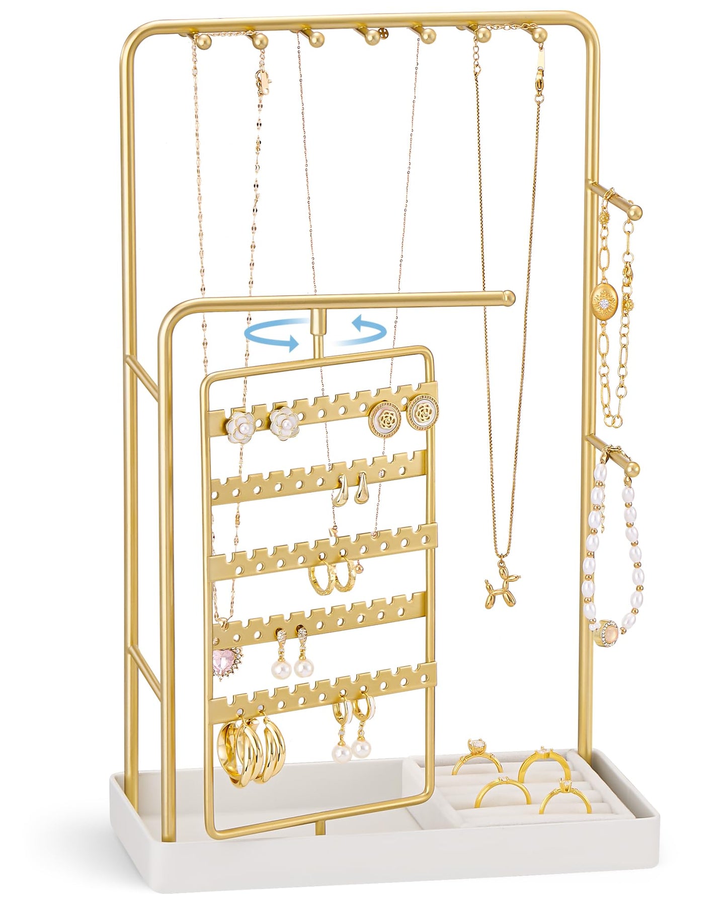 ProCase Jewelry Stand Holder Organizer, Jewelry Display Storage with Ring Tray, Rotating Earring Bracelet Necklace Holder, Valentine's Gifts Room Dorm Decor for Teen Girls -Gold (No-Assembly)