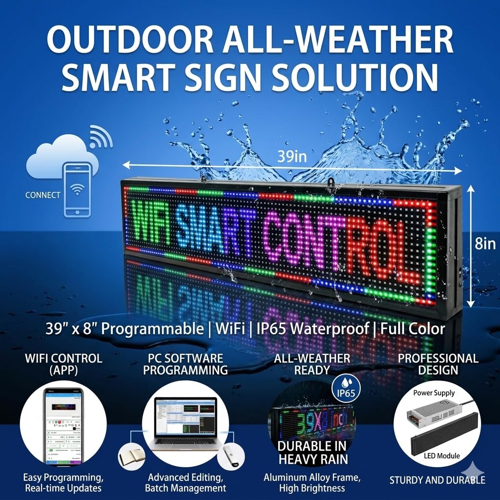 KHUSINA Programmable LED Sign Outdoor Full Color – 39"x8" Scrolling Message Board, Custom Digital Advertising Display, WiFi Control, High Brightness Neon Business Sign for Store, Bar, Restaurant