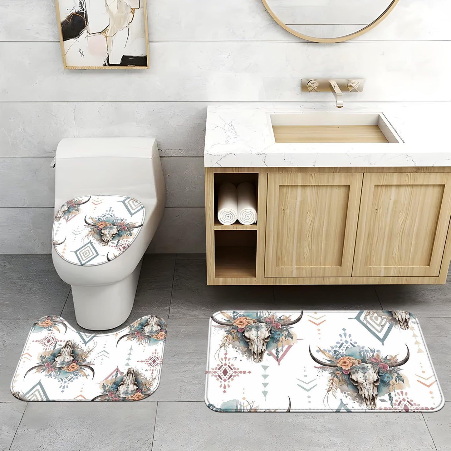 Ticuenicoa Western Cow Skull Shower Curtain Set, 4 Pcs 72x72 Inch Bathroom Decor with Bath Mat, U-Shape Rug, Toilet Lid Cover & 12 Rustic Hooks, Waterproof Anti-Slip Design