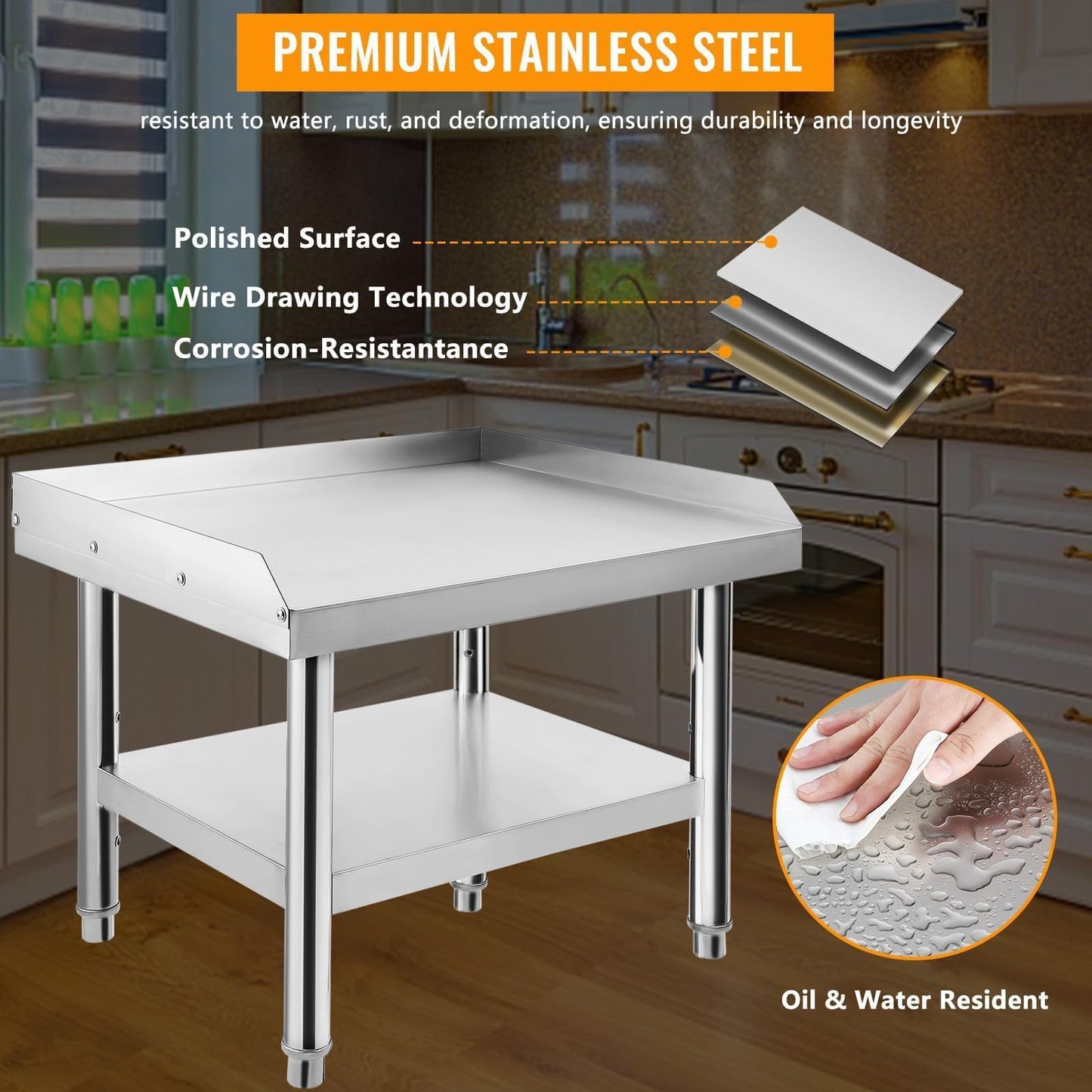 ExploreHorizon Stainless Steel 36x28x24 Inch Equipment Grill Stand Table, 660 Lbs Top & Bottom Shelf, Adjustable Legs, 2" Edge Baffle, for Hotel, Home, Commercial Restaurant Kitchen