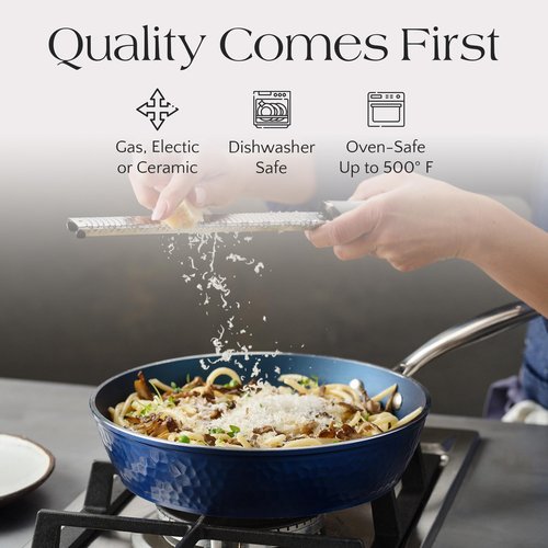 Luxurious Non-Stick Ceramic 3 Piece Blue Hammered Cookware Set, Lightweight, Scratch-Resistant, Dishwasher Safe, Oven Safe up to 500°F, Suitable for All Stove Types