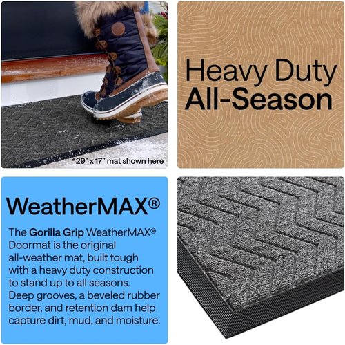 GORILLA GRIP Waterproof All-Season WeatherMAX Doormat - Natural Rubber, Stain & Fade Resistant, 29x17, Steel Chevron