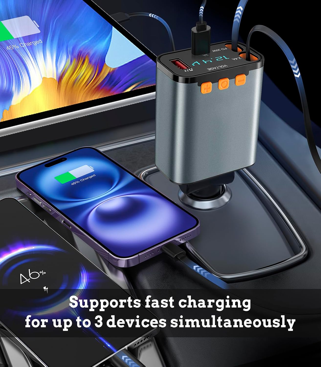 50W MP3 12V/24V PD Car Charger with Bluetooth FM, Retractable Type-C & Lightning Cables, Hands-Free Calling Kit, USB