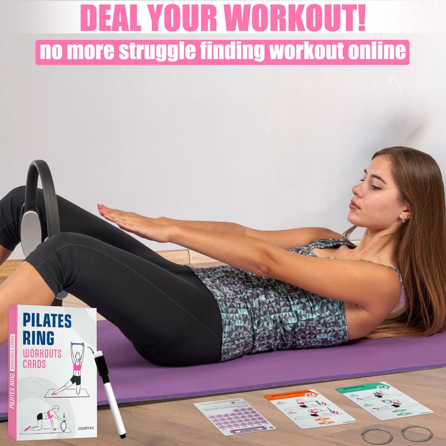 COARVXA Pilates Ring Workouts for Women-58 Exercise Cards with Pilates Mat Workout Postures，ncludes 4-Week Challenge,2 Rings& Dry-Erase for Easy Organization-Home, Gym or Studio