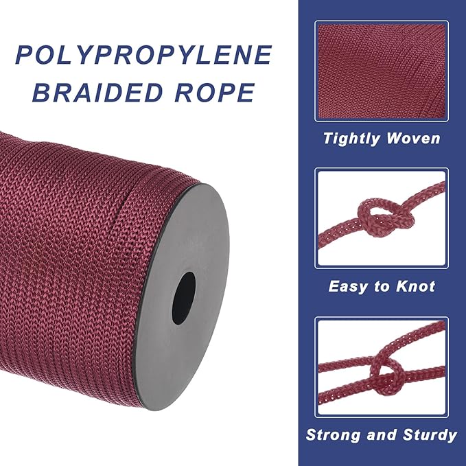 MECCANIXITY 5/32 Inch Polypropylene Rope Braided Ropes, 328ft Camping Rope Hollow Utility Cord for Clothesline, Hiking, Outdoor, Brick-red