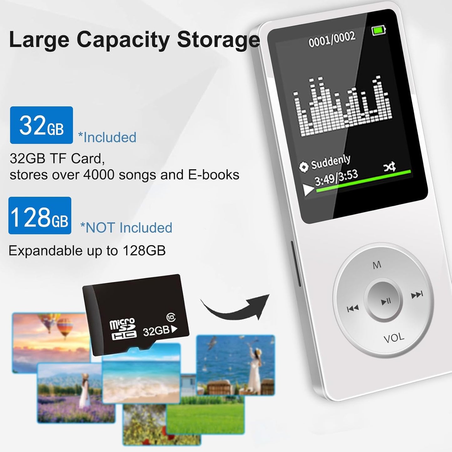 Wodgreat MP3 5.0, 1.8 inch 128GB(White, 32GB) Player with Bluetooth Screen Portable Music Player with HD Speaker, HiFi