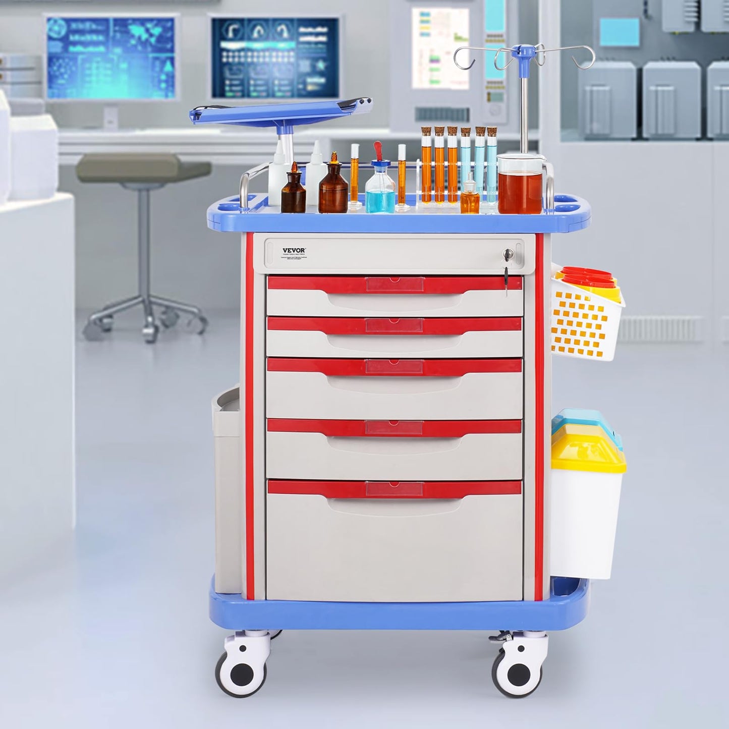 VEVOR Medical Crash Cart, Nursing Emergency Rolling Cart with 5 Drawers & 4 Silent Wheels, Adjust IV Pole, Needle Disposal Holder, Trash Bin, O2 Holder, Mobile Trolley for Hospital, Clinic, Lab, Salon