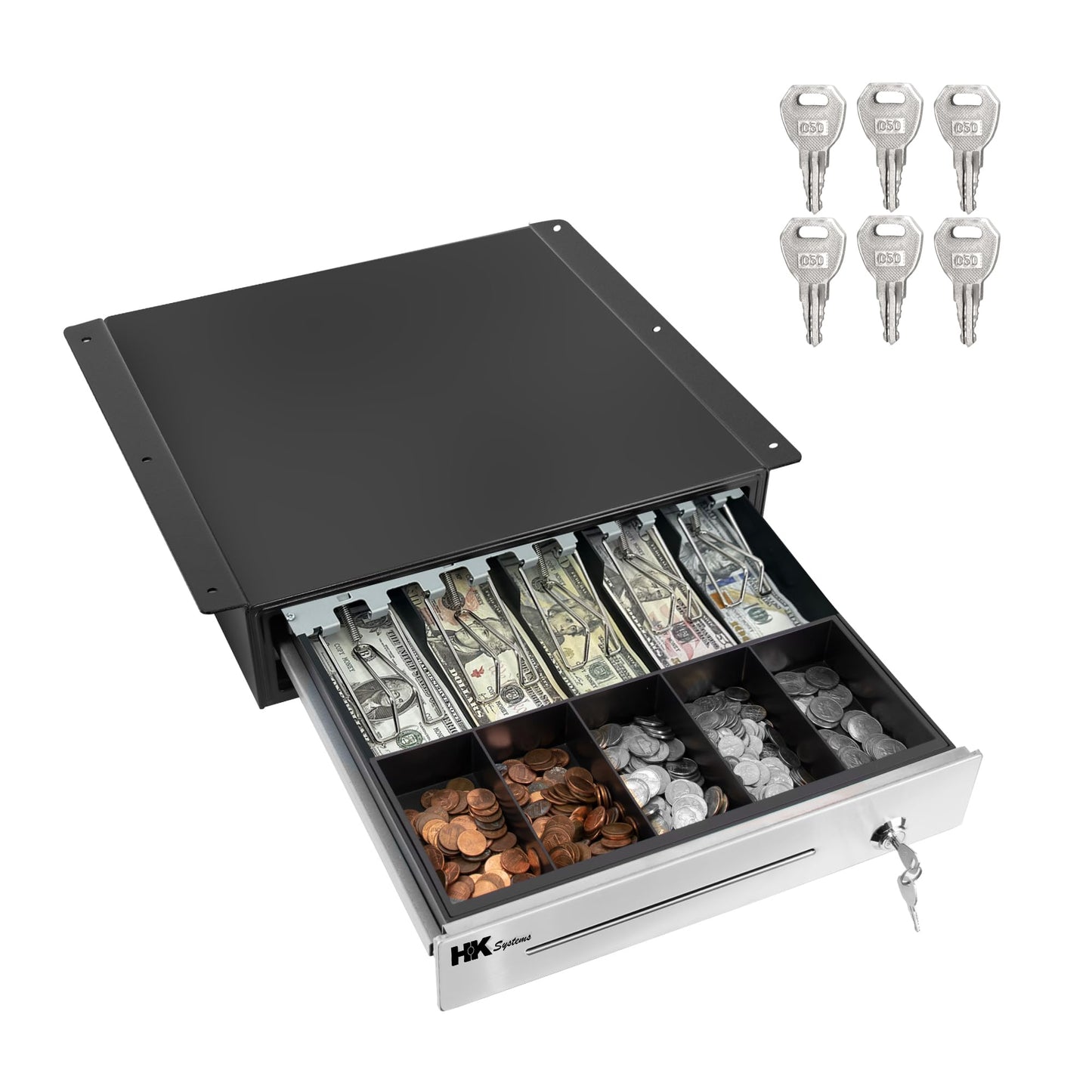 HK SYSTEMS 16" Heavy Duty Black Push Open Cash Drawer, 5B5C with Under Counter Mounting Metal Bracket