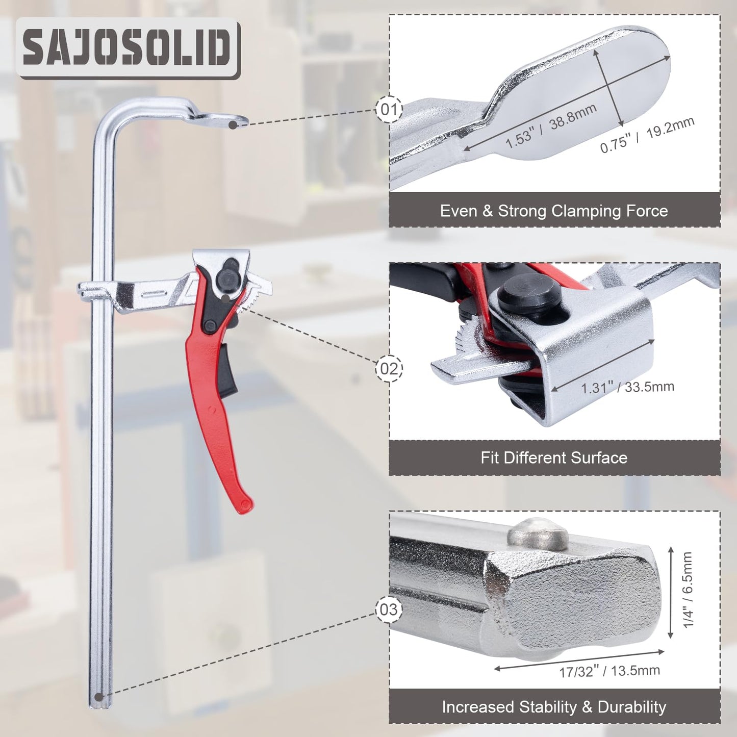 SajoSolid 6 Packs Bar Clamps Set, Throat Depth 2-3/8 Inch Heavy Duty Forged Steel Ratcheting Table Clamp, Guide Rail System with Max 330 Lbs Load Limit for Grinding, Milling, Precision Cutting