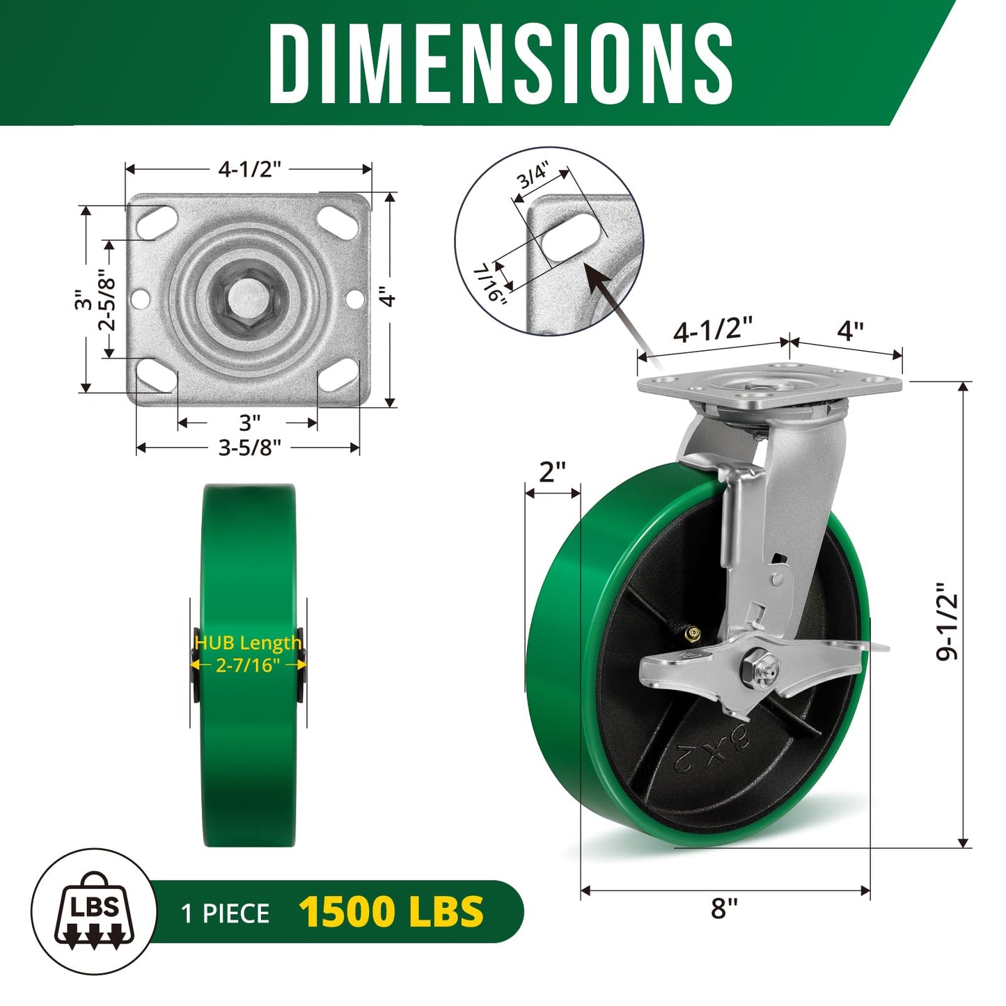 HANDSAMMU 8" Heavy Duty Casters, Casters Set of 4 Total Capacity 6000 lbs- Polyurethane on Steel Wheel, Industrial Casters for Carts Pallet Trucks(2 Brake & 2 Rigid)