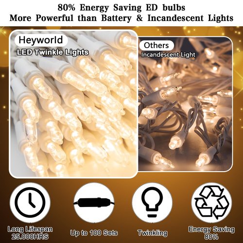 Heyworld Slow Twinkle Lights, 20 Led Soft Twinkling Mini Christmas String Lights on White Wire Cord, UL Approved 7 Ft,Connect Up to 100 Sets, Indoor Outdoor Use, Warm White