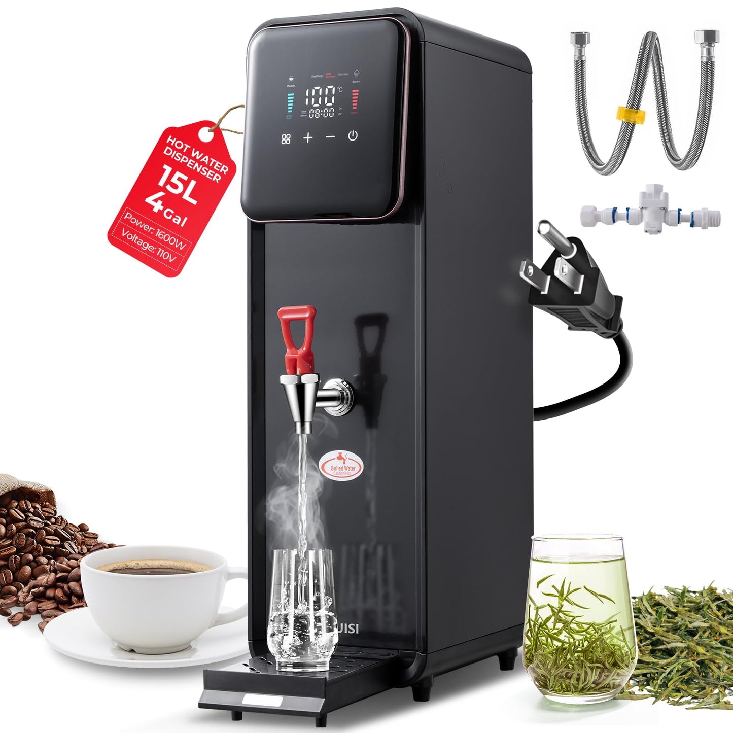 TERUISI 15L/4Gal Hot Water Dispenser, 1600W Commercial Hot Water Boiler, 60L(13Gal)/H Large Hot Beverage Dispenser with 304 Stainless Steel Inner, HD LED Screen for Hotels, Restaurants, Bars