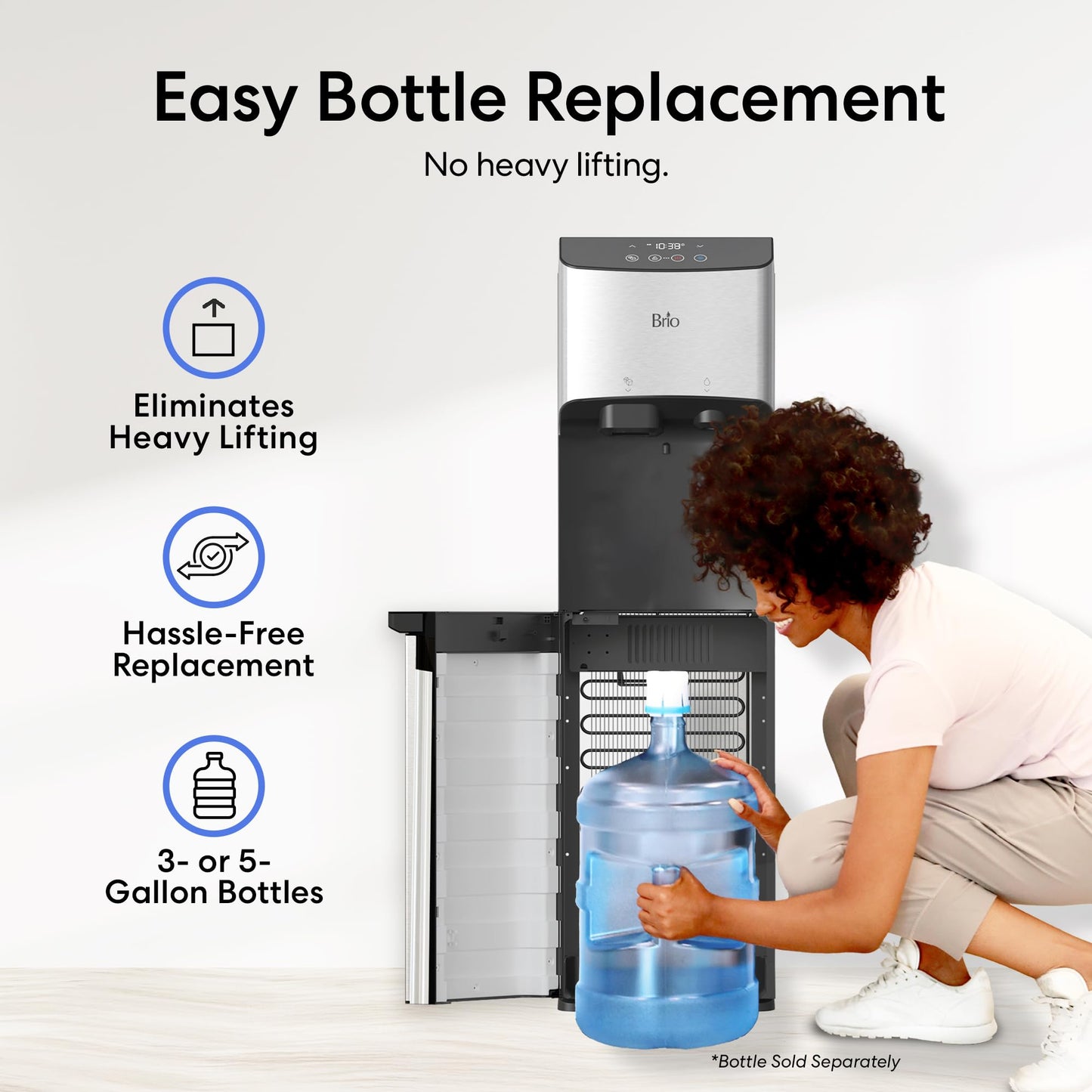 Brio 520 ICE Water Dispenser for 5 Gallon Bottle | Bullet Ice Maker Bottom Load Cooler | UV Self Cleaning, LED Touch Display with Digital Clock, Night Light, Child Safety Lock | 2X Fast Dispense
