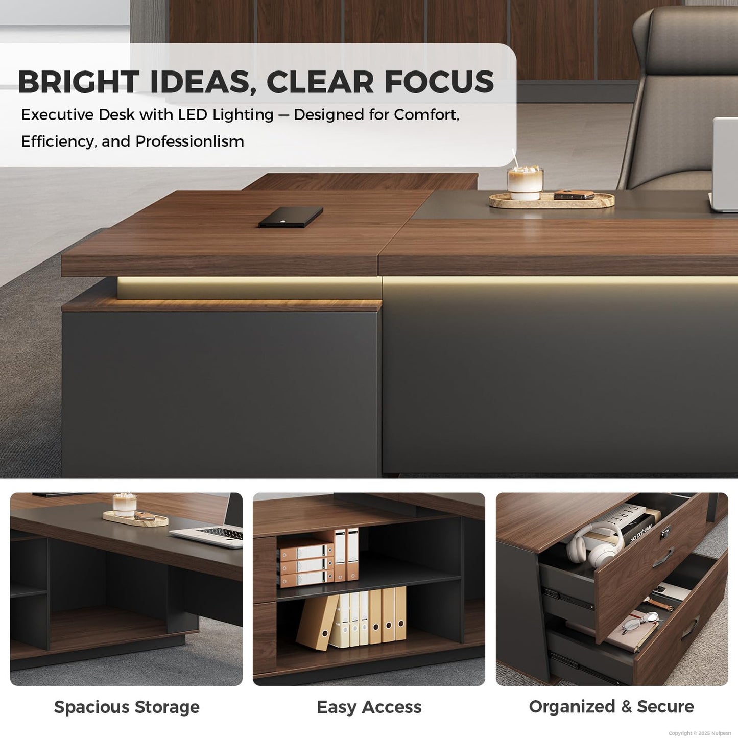 ZIMASYA Compact Reversible L Shaped Executive Desk for Manager, Home Office Desk with Power Outlet & USB Ports, LED Ambient Lighting, Storage Cabinet (Red Walnut/Graphite Gray, 95" L*71" W*30" H)