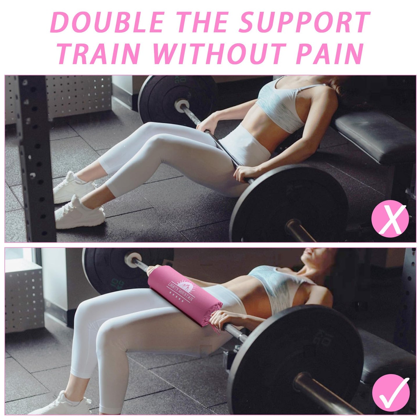 Lights Mountain 2-in-1 Thick Foam Barbell Pad - Non-Slip for Hip Thrust, Squat, Neck & Shoulder Pain Relief, Fits Standard/Olympic Bars, Pink (for Women)