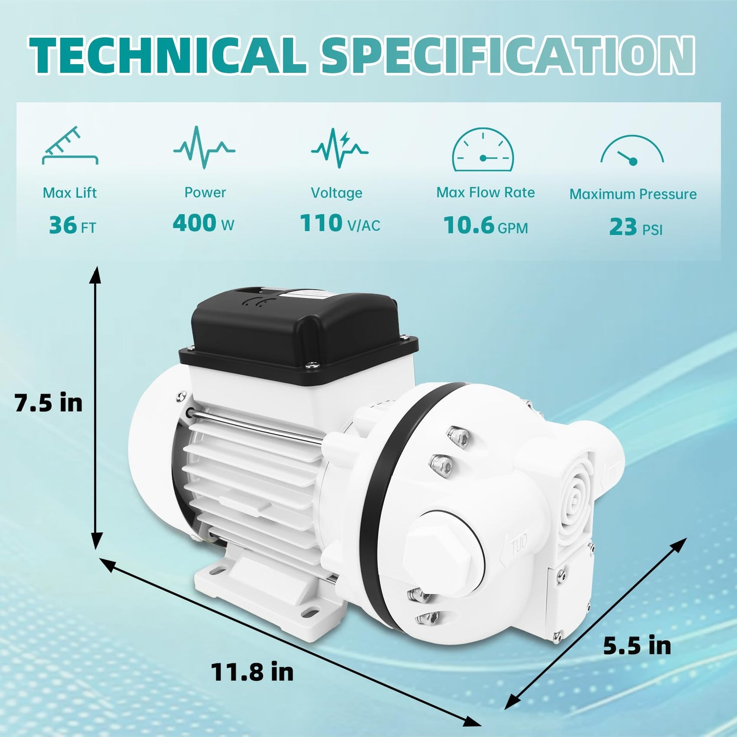 110-120V DEF Transfer Pump, Self-Priming Electric Diaphragm Drum Pump for Diesel Exhaust Fluid, Urea, Oil & Water, 10.6 GPM High Flow, 400W Motor, 36 ft Lift, US Plug