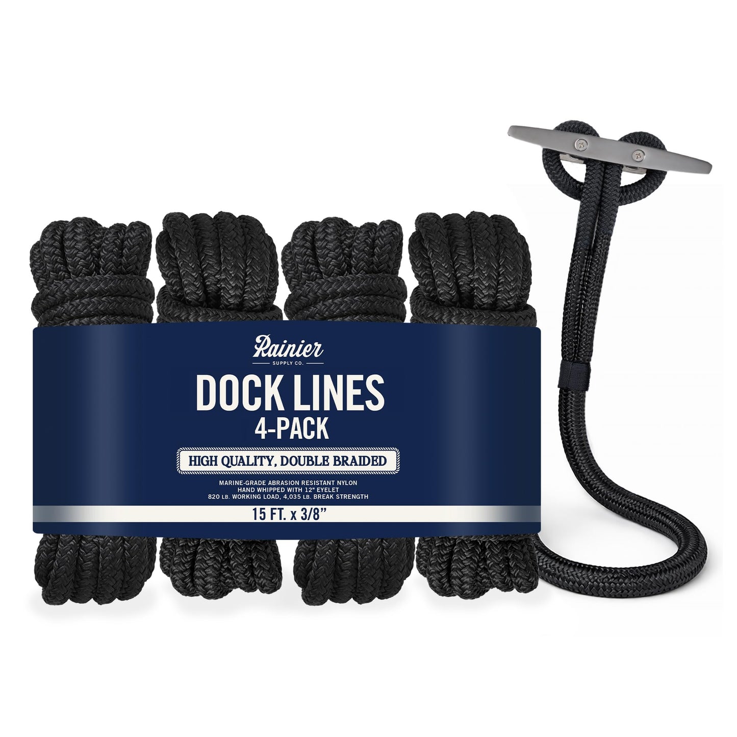 RainierSupplyCo Dock Lines 4-Pack - Boat Rope for Docking with Loop - 15 ft x 3/8 Inch Premium Double Braided Nylon Marine Rope - Mooring Line with 12" Eyelet - Boat Accessories - Black